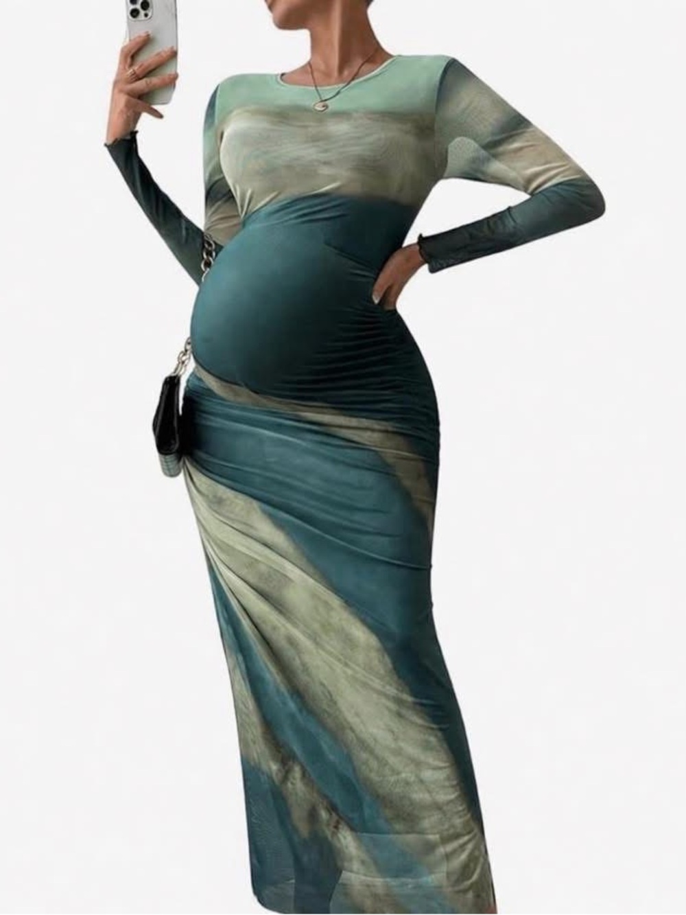 Long Sleeve Maternity Maxi Dress in Green Marble